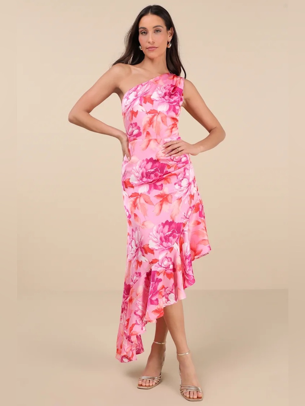 NWT LULUS SIZE M Divinely Blooming Pink Multi Floral One Shoulder Midi Dress
